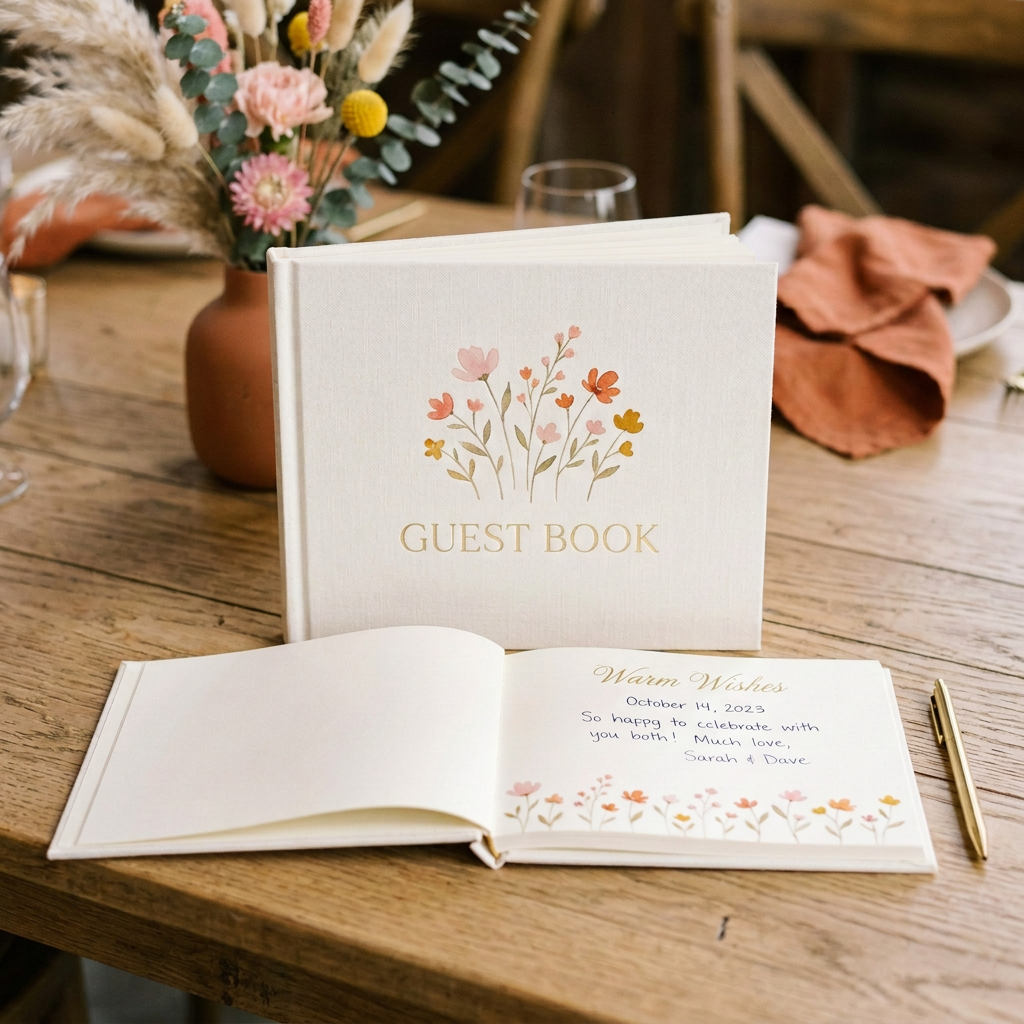 Wedding guest book with floral design and handwritten message